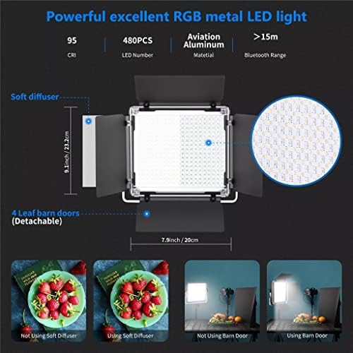 RBHGGG LED מצלמה אור וידאו אור, סוללה אופציונלית עם ערכת מטען צילום RGB480 אור + מתאם AC לסטודיו