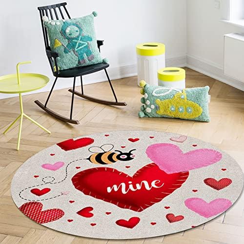 שטיח אזור עגול גדול לחדר שינה בסלון, שטיחים 5ft ללא החלקה לחדר לילדים, יום האהבה ליב אהבה מרקם פשתן מרקם שטיח רחיץ