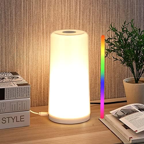 מנורת שולחן A.T.Lums - מגע חיישן מגע מנורת מיטה, מנורה לבנה חמה ועמומה של 3 דרגות וצבע RGB מחליף