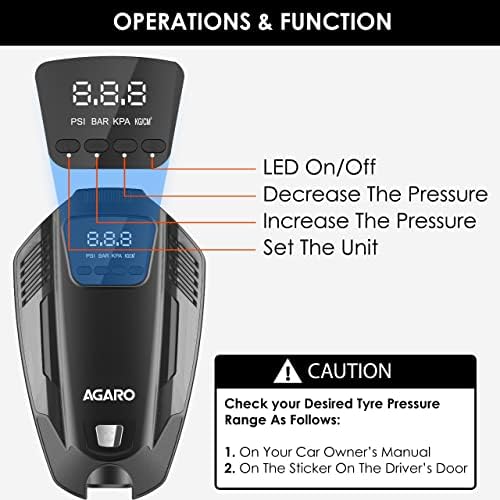 Agaro Primo צמיגים דיגיטליים מתנפח עם אור חירום, 120 וואט עם תקע מכונית 12 וולט, עד 150 psi, קומפקטי