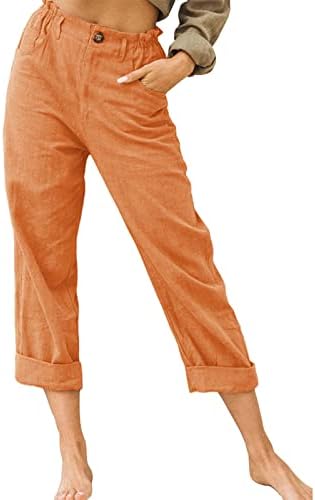 מכנסי פשתן כותנה של Vickyleb נושכים מכנסי מותניים אלסטיים מכנסיים מזדמנים מכנסיים מזדמנים נשים נמתחות
