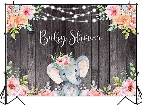 פיל מקלחת לתינוק רקע ורוד תינוקת פיל תפאורה 7x5ft אורות מיתר ויניל פרחוני עץ פרחוני למסיבת יום הולדת