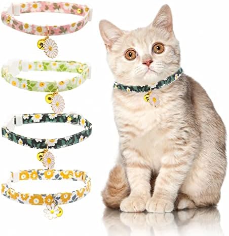 4 יחידות הבדלני חתול קולרים עם חמוד תליון פעמונים, בטיחות מתכוונן 18-30 סמ, חמוד פרח כותנה חתלתול צווארון