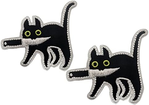 תואם לחתול עם סכין מצחיק טלאי חתול שחור חמוד, וו אפליקציות רקמות סמל לולאה לספורט חיצוני 2 מחשבים