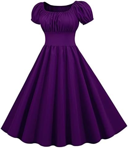 וינטג 'וינטג' צבע אחיד שמלות קצרות משנות החמישים של קוקטייל רוקבילי שמלת נדנדה שרוול רטרו שרוול