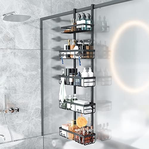 KSDENUOV 5 שכבות מעל מקלחת הדלתות, קאדי מקלחת תלויה, מארגן מקלחת תלוי עם מחזיק סבון לאחסון אמבטיה וארגון,