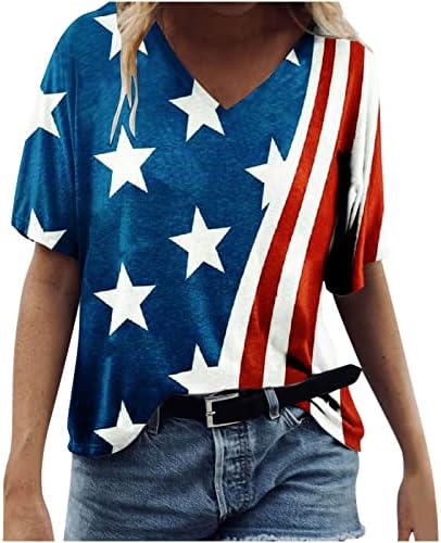 חולצות מערביות לנשים דגל אמריקאי הדפסת צמרות V צוואר שרוול קצר חולצה חולצה 4 ביולי חולצות יום העצמאות