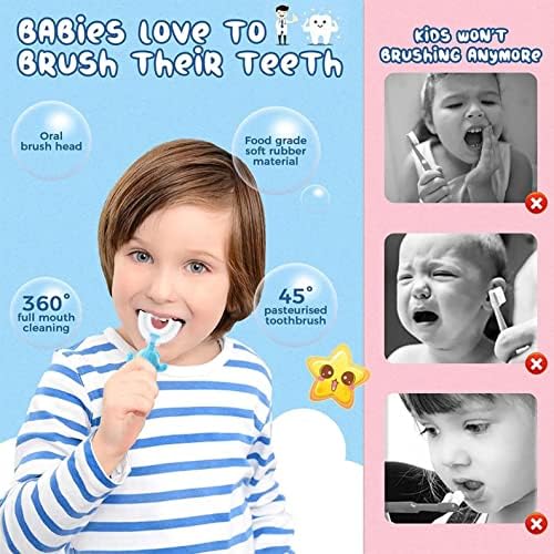 מברשת שיניים לילדים, מברשת שיניים בצורת U לילדים בגילאי 3-9, עם ראש מברשת סיליקון רך בדרגת אוכל, 360 מעלות
