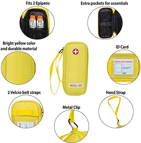 Epipen הנושאת מארז רפואי - תיק נייד מבודד צהוב עם רוכסן - עבור 2 Epipen's, Auvi -Q, משאף אסטמה, חבילת קרח קטנה,