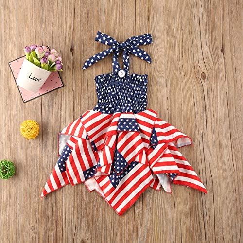 אידדולקה יום עצמאות תלבושת פעוטות שמלת תינוקות פרוע שמלה 4 ביולי שמלת פס פס דגל אמריקאית שמלה מתלה