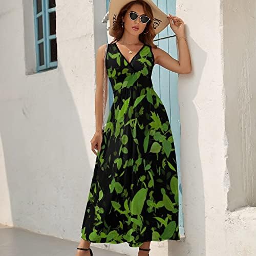 ירוק עף עלים עלה נשים של ארוך שמלה ללא שרוולים צוואר טנק מקסי שמלת חוף מקרית שמלות