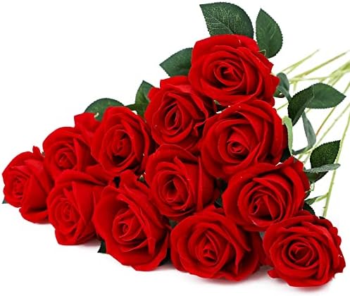 12 יחידות נוף 12 יחידות קטיפה מלאכותית פרחי משי פרחי משי ורדים מזויפים זר גבעול ארוך למסיבת קישוט לחתונה ביתי
