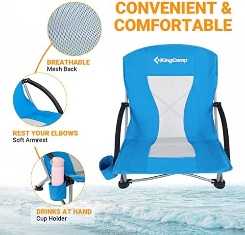 Kingcamp כסאות חוף מתקפלים נמוכים למבוגרים, כיסא קלע נמוך -גב קל משקל עם משענת ראש, מחזיק כוס,
