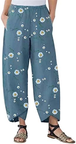 מכנסי טרניעה של Wocachi Harem לנשים, מכנסי כותנה מותניים אלסטיים מזדמנים של נשים מכנסיים רגל רחבות חתוכות