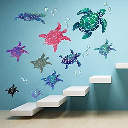צבעוני צבי ים מדבקות קיר-10 יחידות צבי & בועות מדבקות קיר מתחת למים אוקיינוס מדבקות קיר זכוכית-ויניל